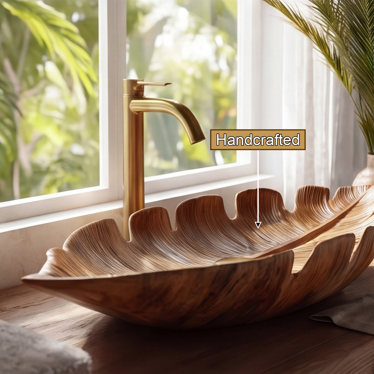 Virelith Handcrafted Solid Wood Leaf Vessel Sink