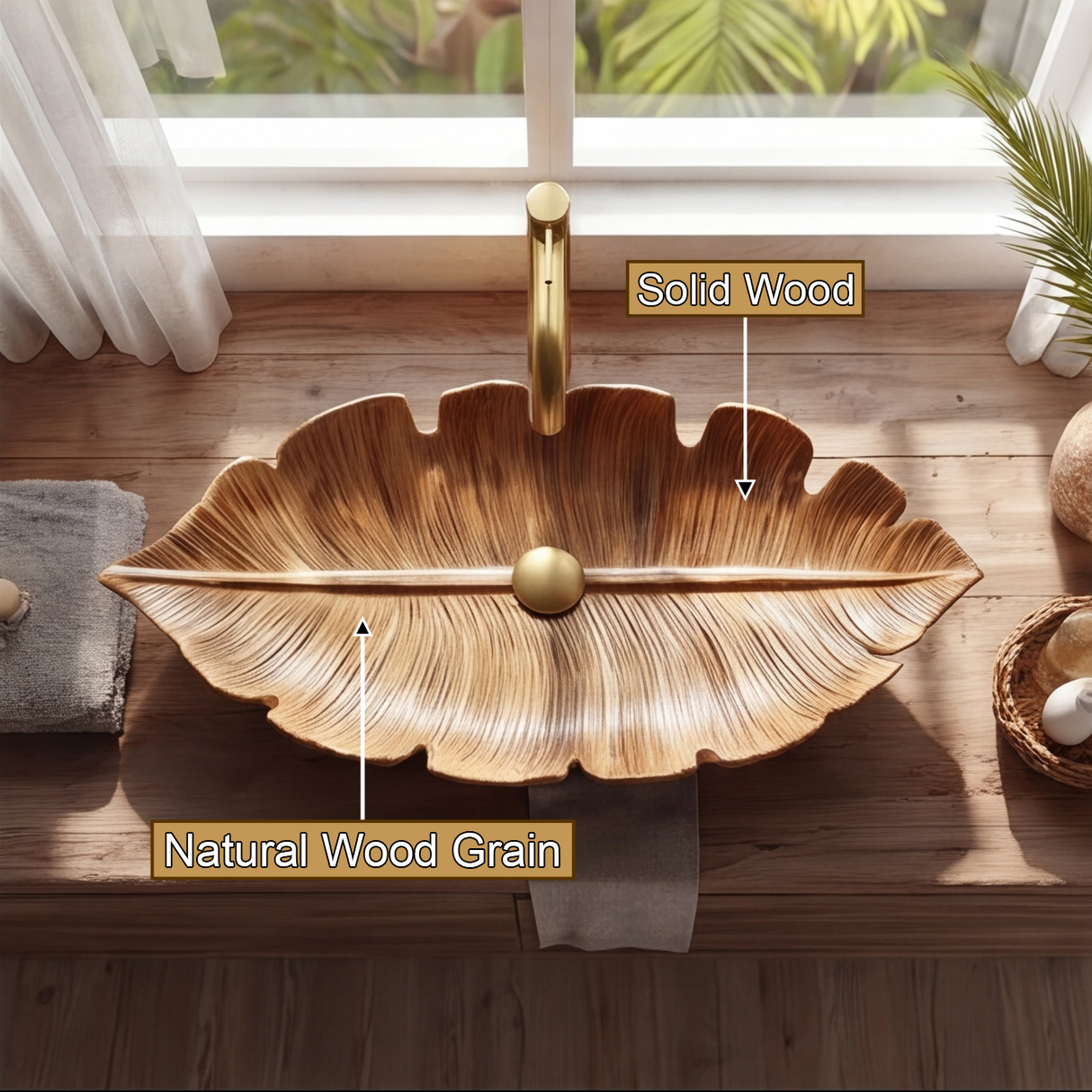 Virelith Handcrafted Solid Wood Leaf Vessel Sink
