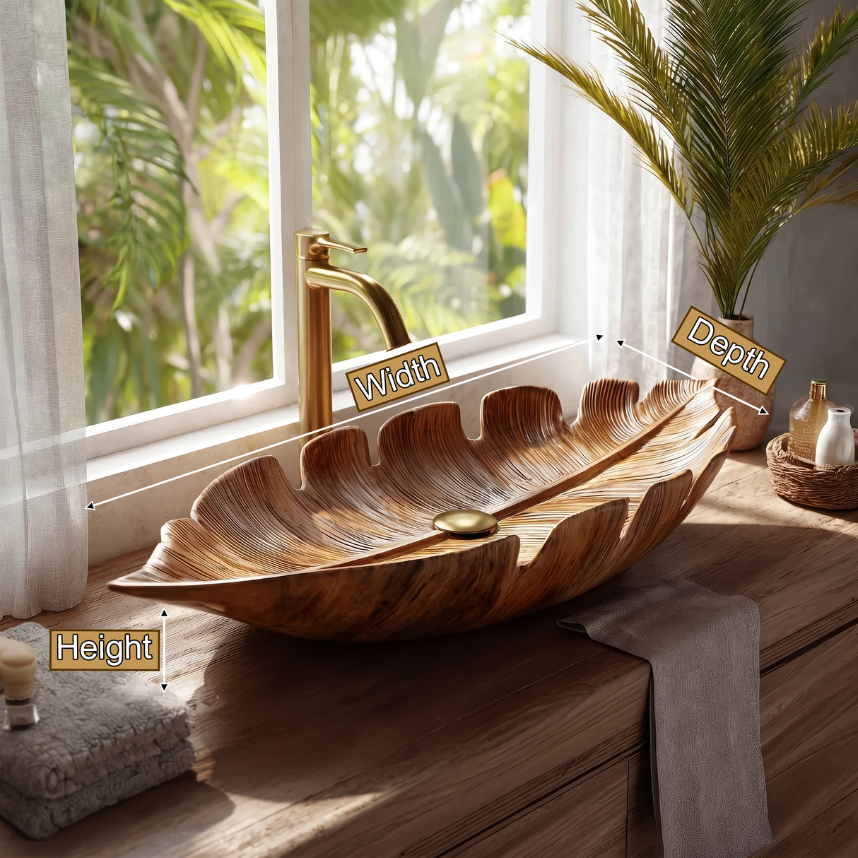 Virelith Handcrafted Solid Wood Leaf Vessel Sink