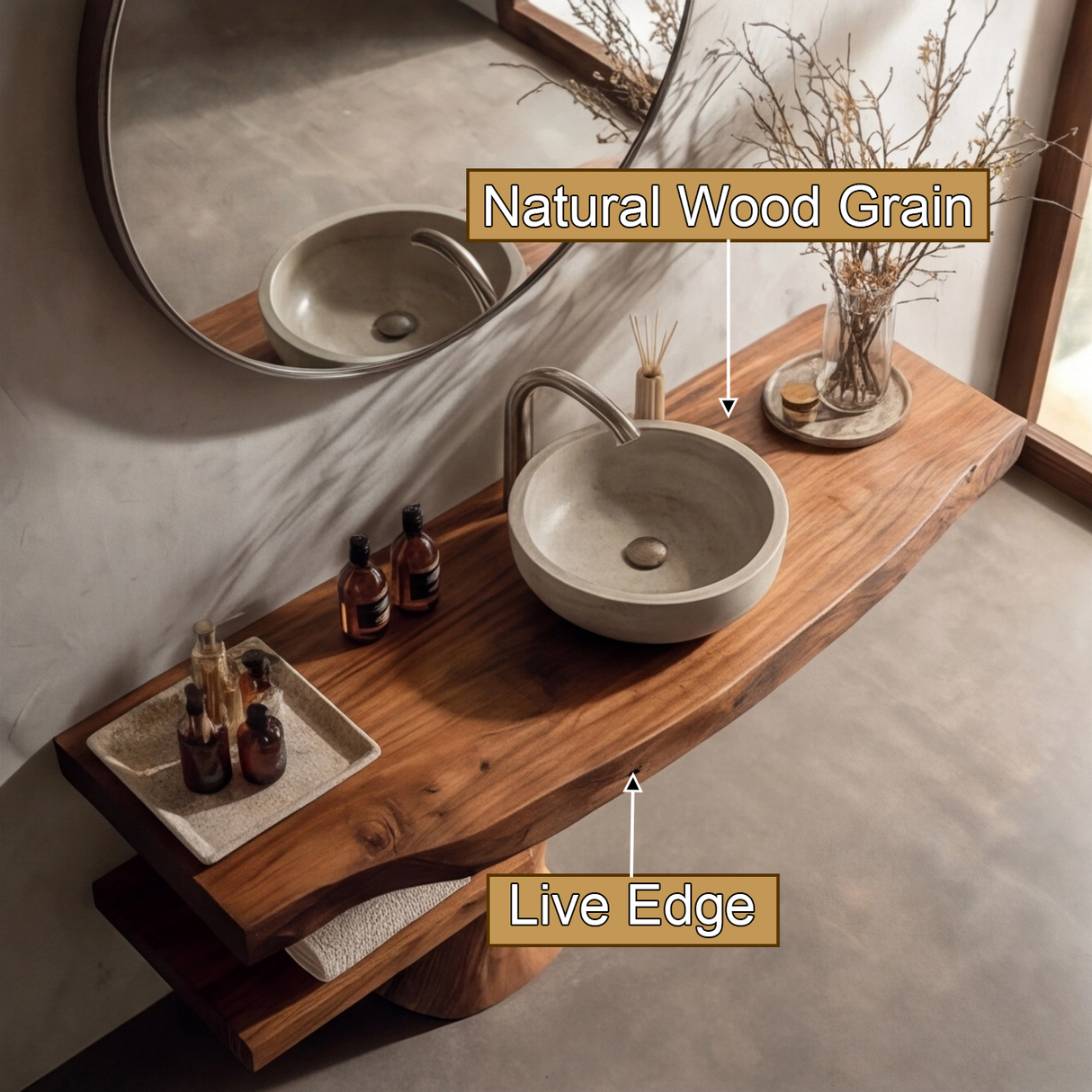 Vireon Live Edge Solid Wood Bathroom Vanity with Shelves - Timberustic Freestanding Bathroom Vanity with Shelves