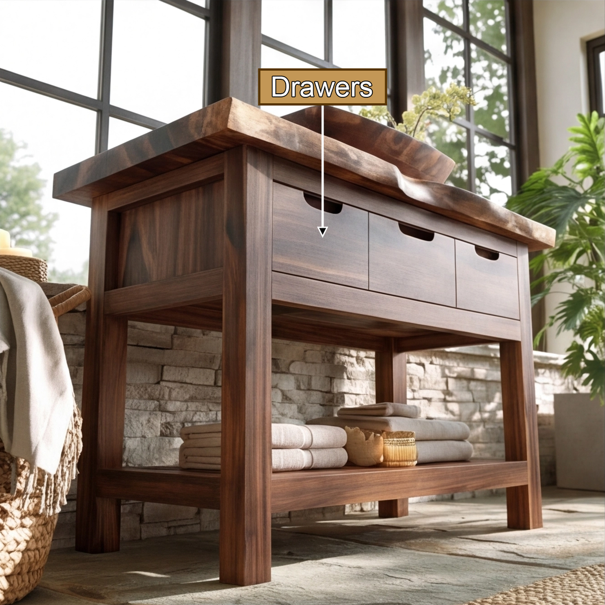 Waldenridge Live Edge Solid Wood Freestanding Bathroom Vanity With Drawers