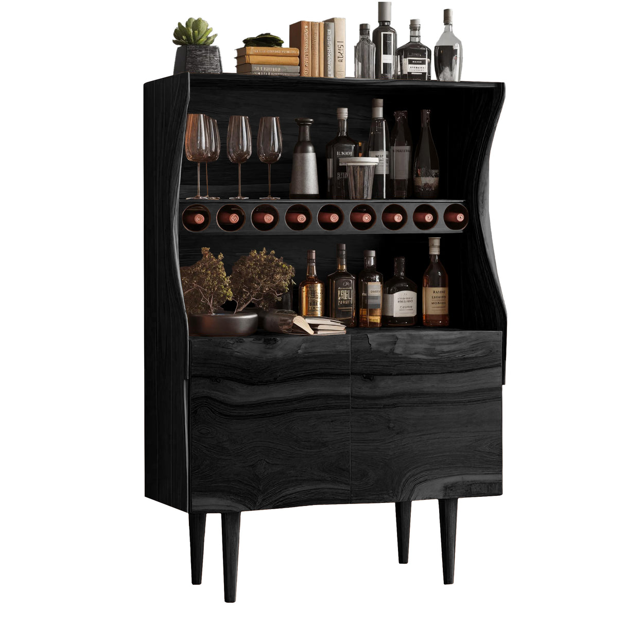 Wavecrest Sculpted Solid Wood Bar Cabinet Black - Timberustic Bar Cabinet