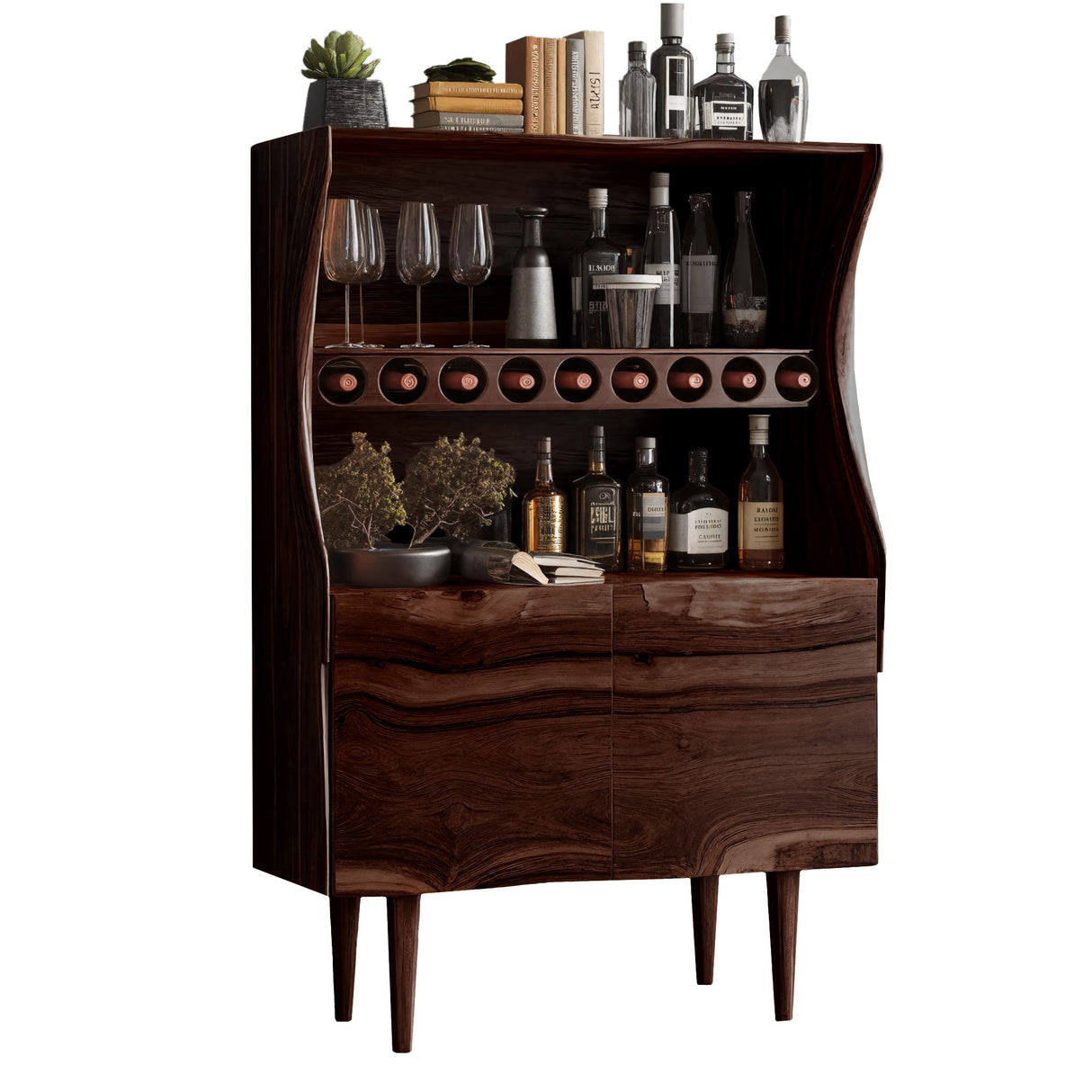 Wavecrest Sculpted Solid Wood Bar Cabinet Dark Walnut - Timberustic Bar Cabinet