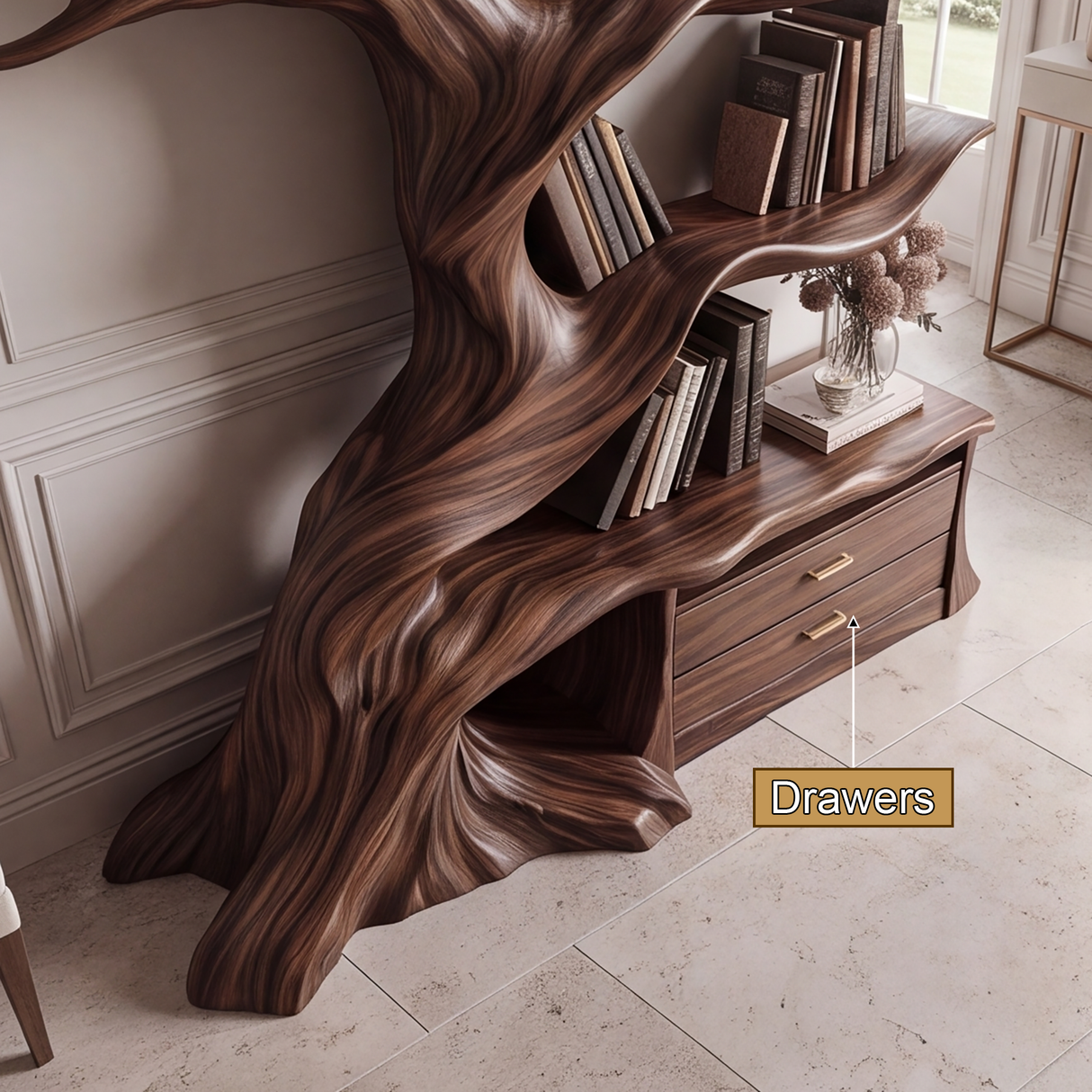 Whispergrove Handcrafted Sculpted Solid Wood Tree Bookshelf with Drawers