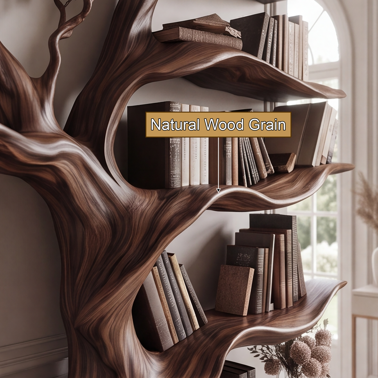 Whispergrove Handcrafted Sculpted Solid Wood Tree Bookshelf with Drawers