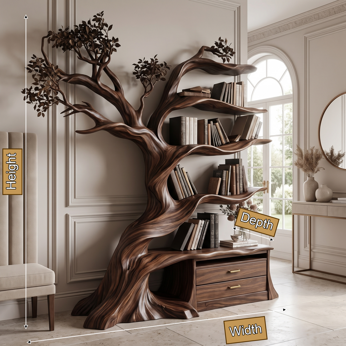 Whispergrove Handcrafted Sculpted Solid Wood Tree Bookshelf with Drawers