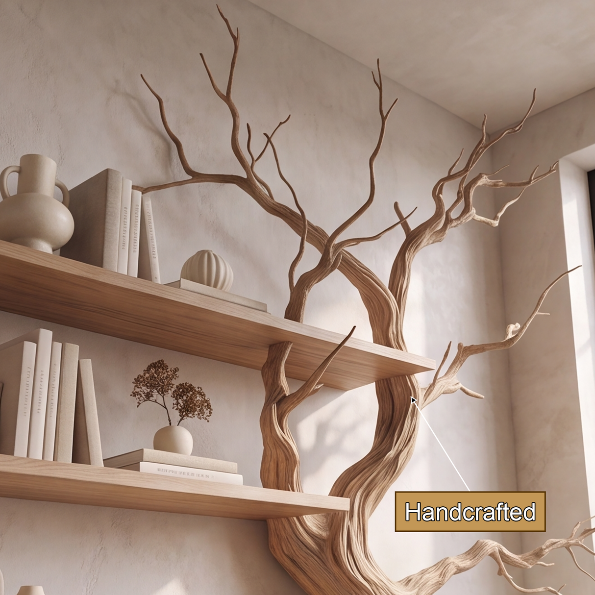 Wildbriar Handcrafted Sculpted Solid Wood Tree Bookshelf with Drawers