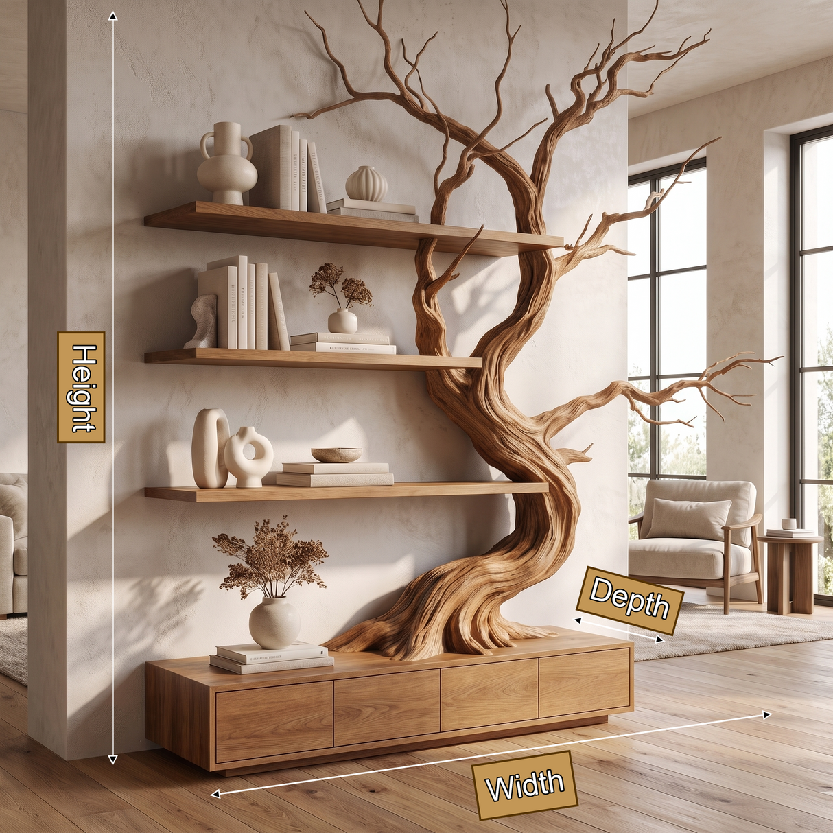 Wildbriar Handcrafted Sculpted Solid Wood Tree Bookshelf with Drawers