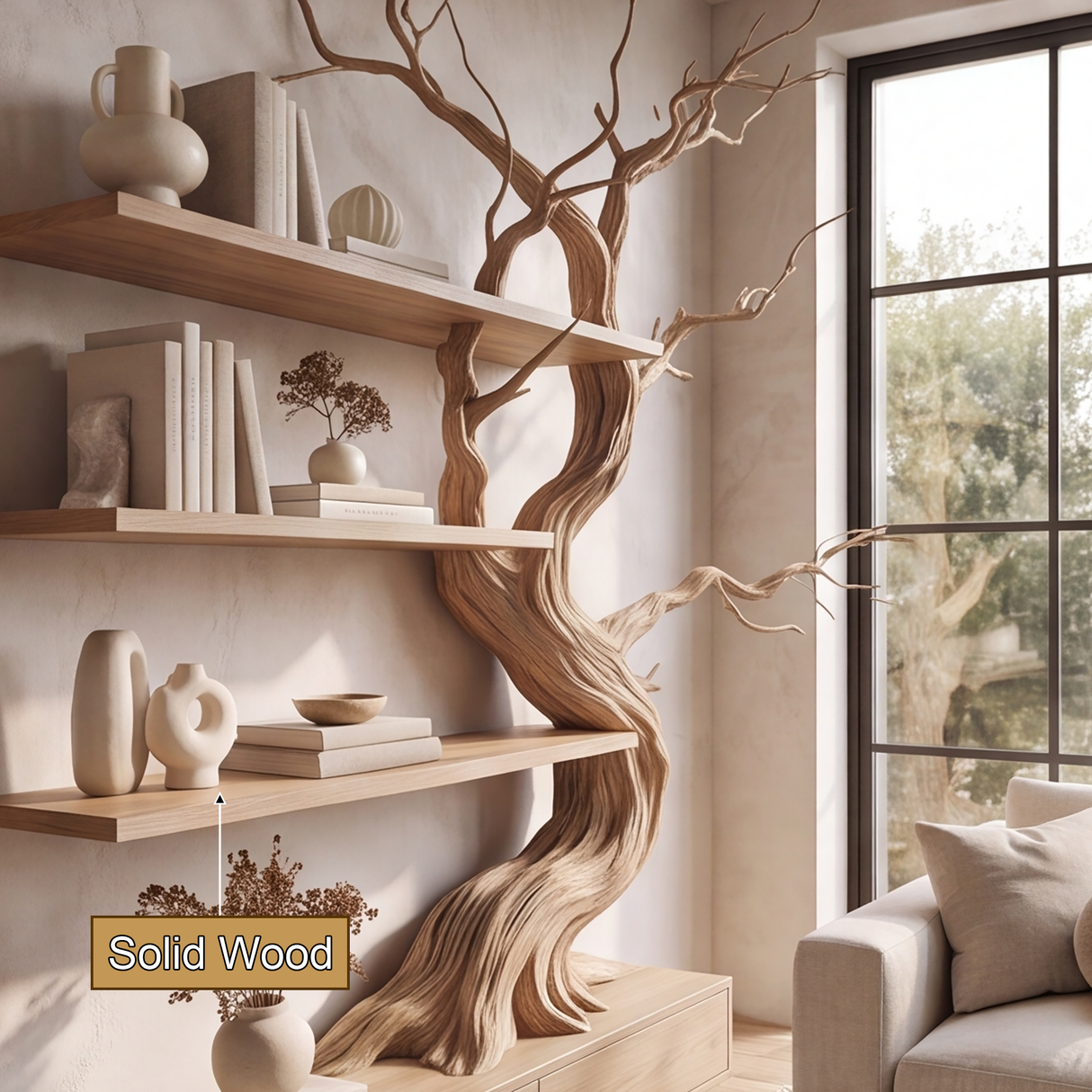 Wildbriar Handcrafted Sculpted Solid Wood Tree Bookshelf with Drawers