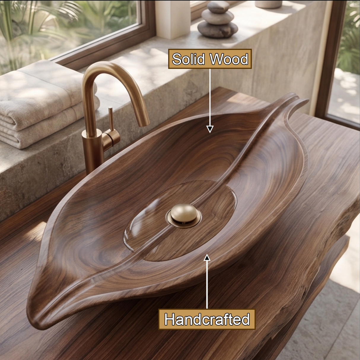 Zephyra Handcrafted Solid Wood Leaf Vessel Sink
