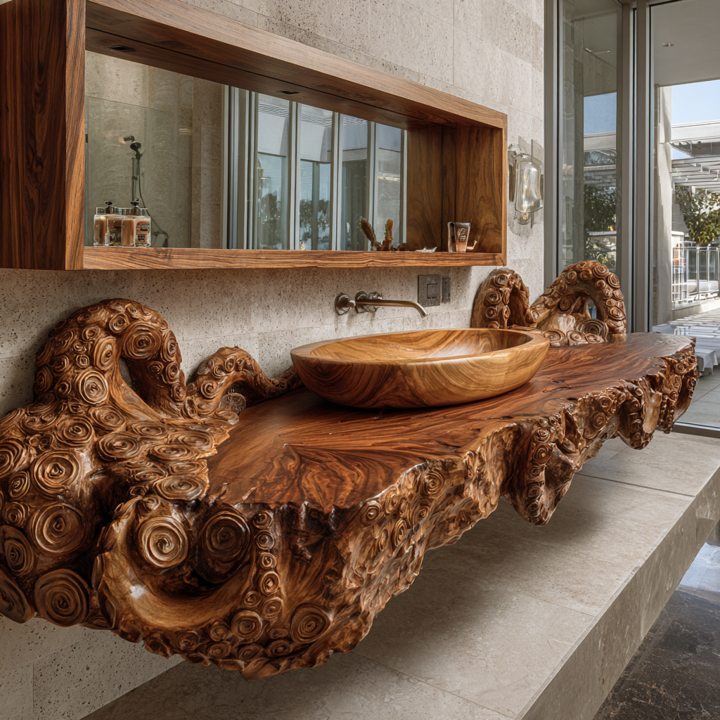 Zephyros Octopus Form Sculpted Solid Wood Floating Bathroom Vanity - Timberustic Floating Bathroom Vanity