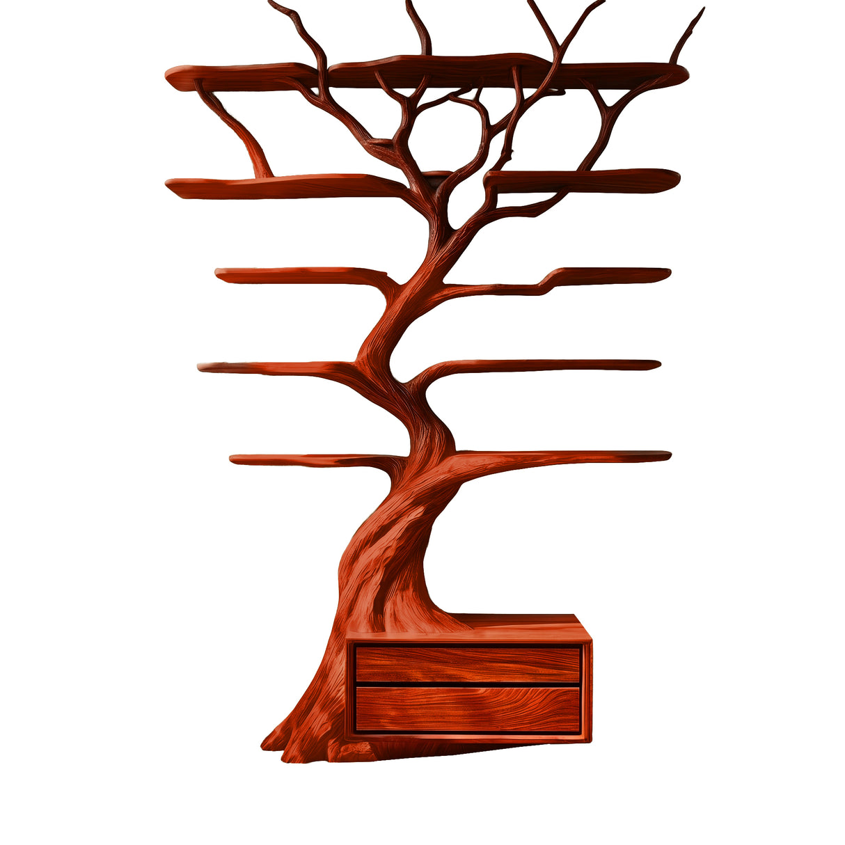 Zeravorn Sculpted Solid Wood Tree Bookshelf with Drawers Mahogany - Timberustic Tree Bookshelf