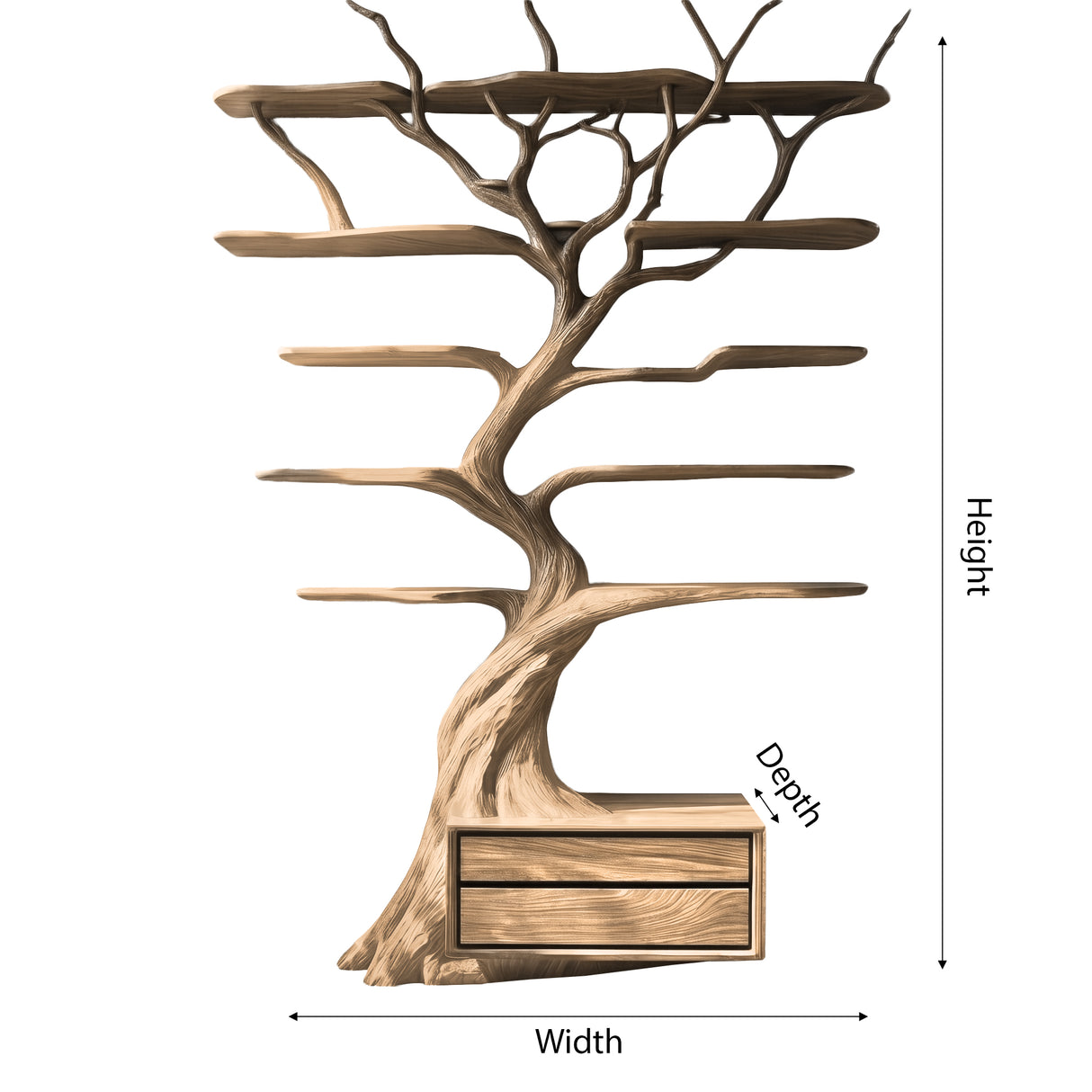 Zeravorn Sculpted Solid Wood Tree Bookshelf with Drawers - Timberustic Tree Bookshelf
