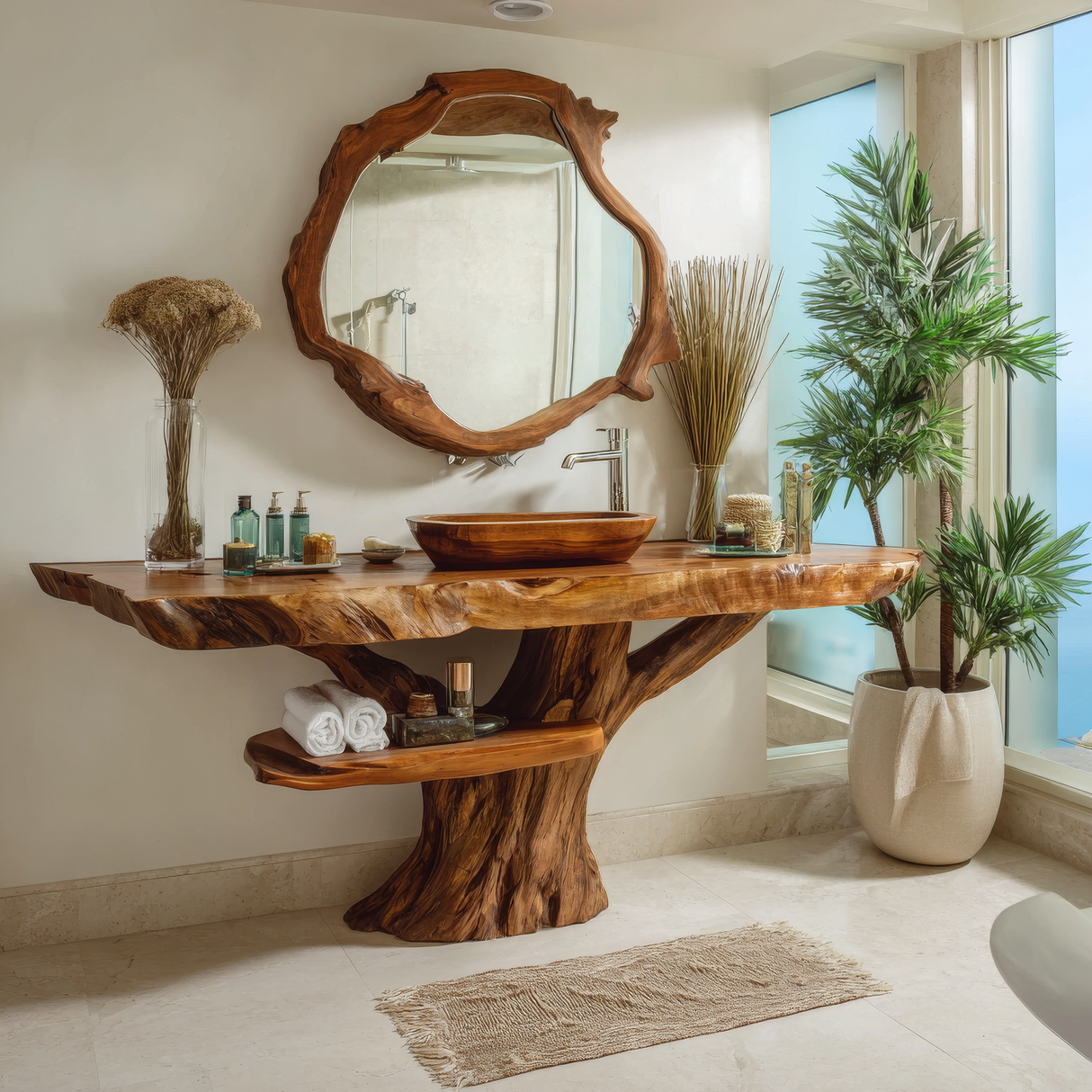 Zerion Rootform Solid Wood Freestanding Bathroom Vanity with Shelves - Timberustic Freestanding Bathroom Vanity with Shelves