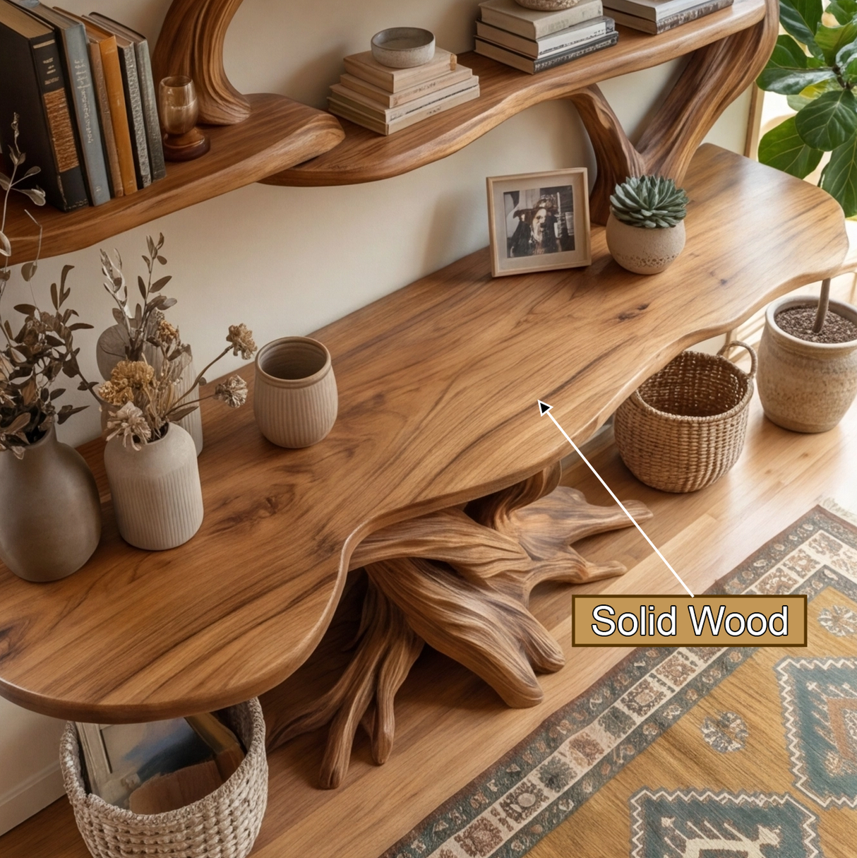 Zerith Sculpted Solid Wood Console Table with Shelves - Timberustic Console Table with Shelves