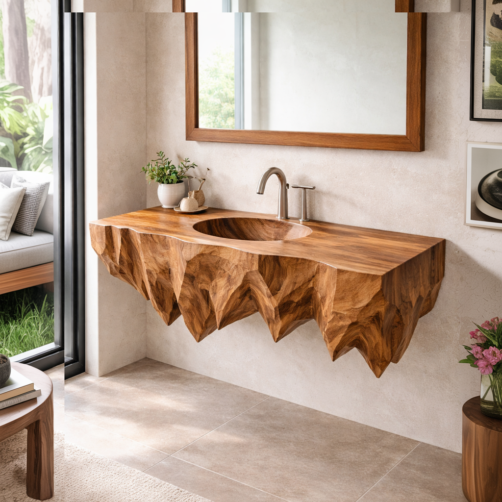 Zerith Sculptural Solid Wood Floating Bathroom Vanity with Integrated Sink - Timberustic Floating Bathroom Vanity with Integrated Sink