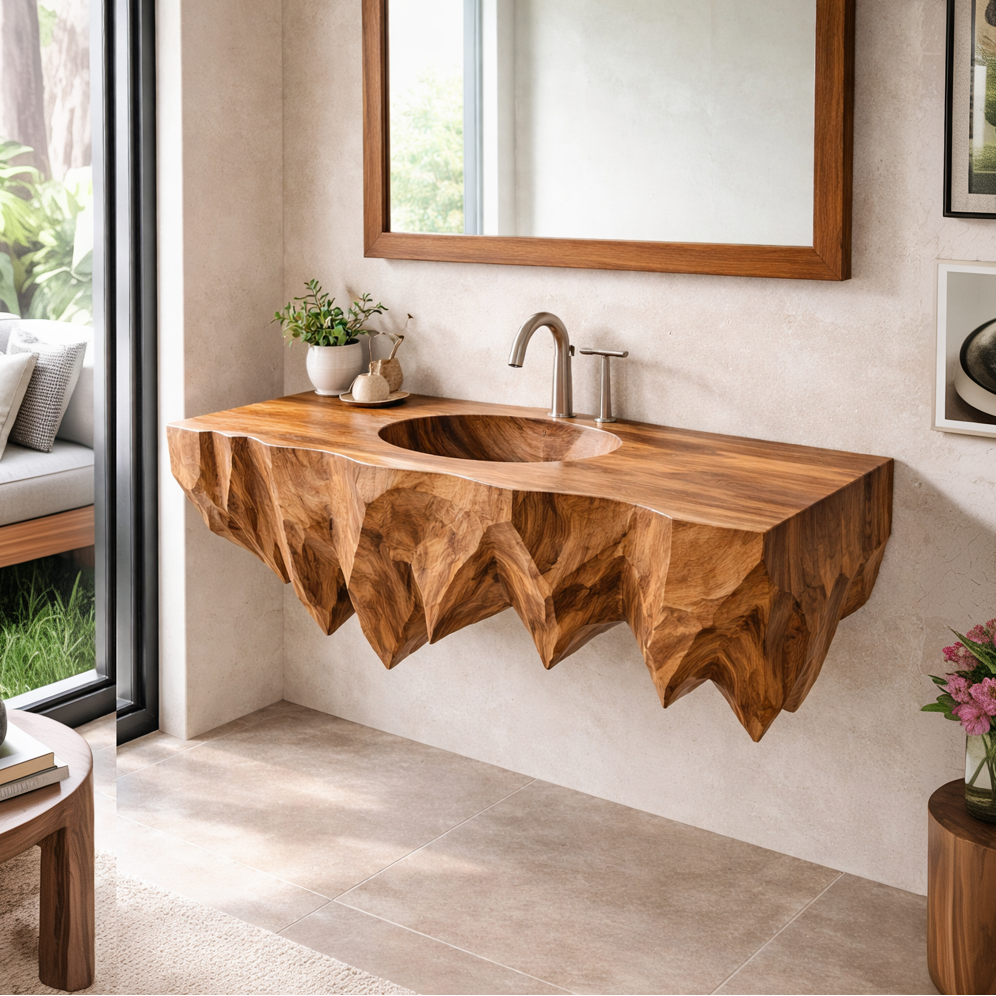 Zerith Sculptural Solid Wood Floating Bathroom Vanity with Integrated Sink - Timberustic Floating Bathroom Vanity with Integrated Sink