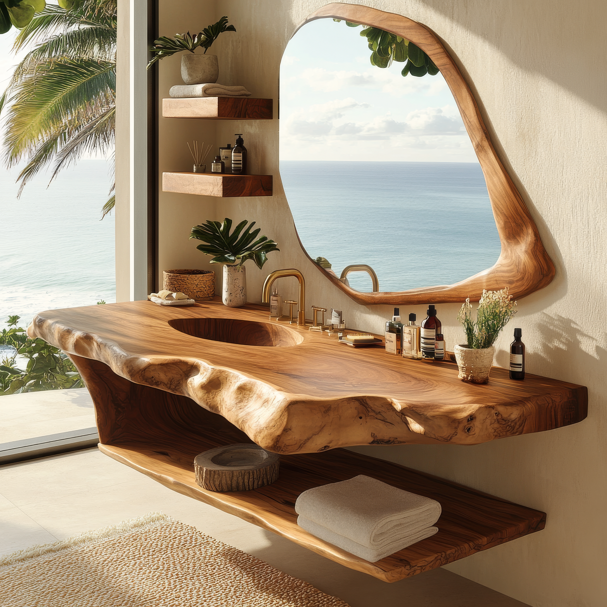Zerune Live Edge Solid Wood Floating Bathroom Vanity with Integrated Sink and Open Storage - Timberustic Floating Bathroom Vanity with Integrated Sink and Open Storage