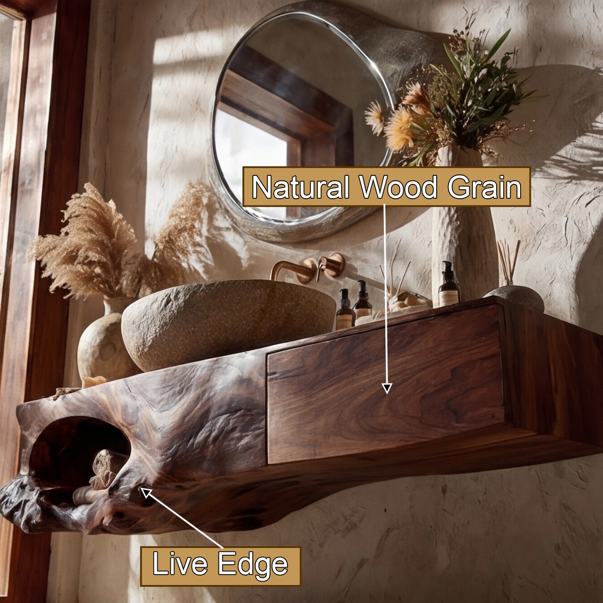 Zorren Live Edge Solid Wood Floating Bathroom Vanity with Drawers - Timberustic Floating Bathroom Vanity With Drawers