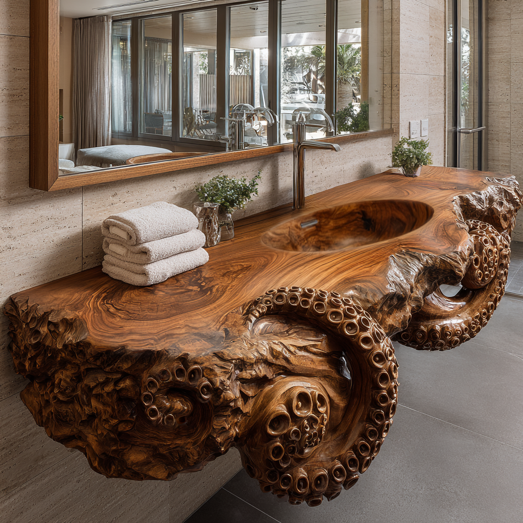Velmora Octopus Form Sculpted Solid Wood Floating Bathroom Vanity with Integrated Sink - Timberustic Floating Bathroom Vanity with Integrated Sink
