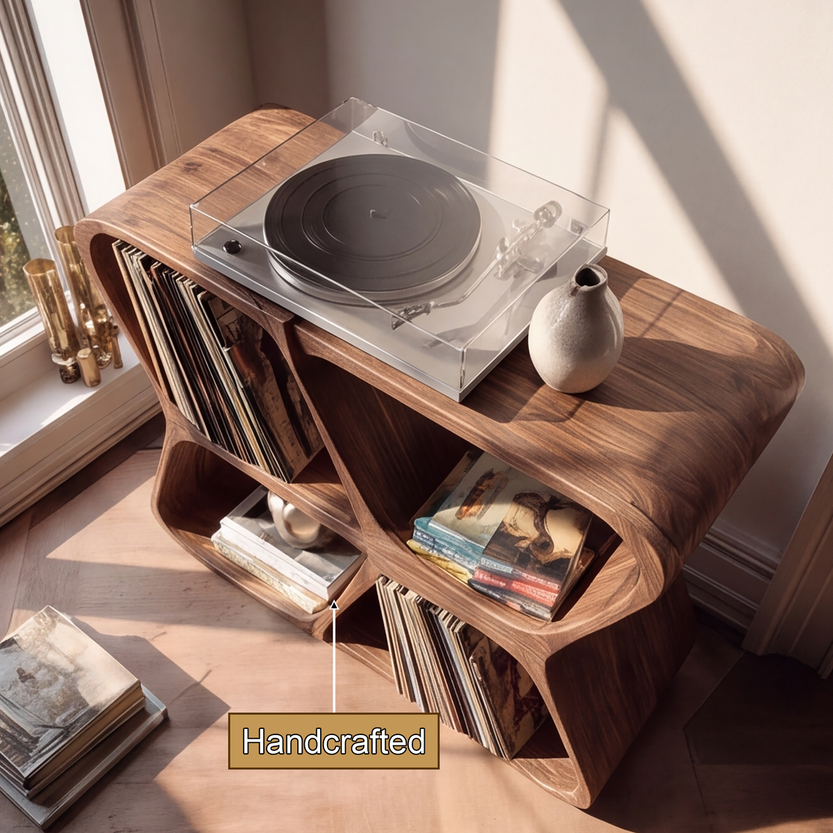 Harmona Sculpted Solid Wood Record Player Stand With Storage - Timberustic Record Player Stand With Storage