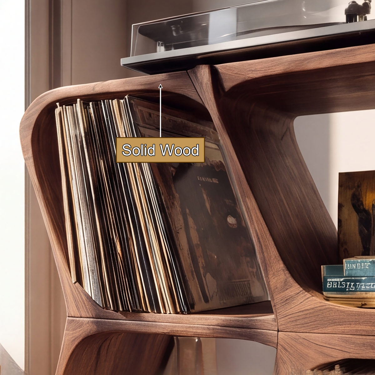 Harmona Sculpted Solid Wood Record Player Stand With Storage - Timberustic Record Player Stand With Storage