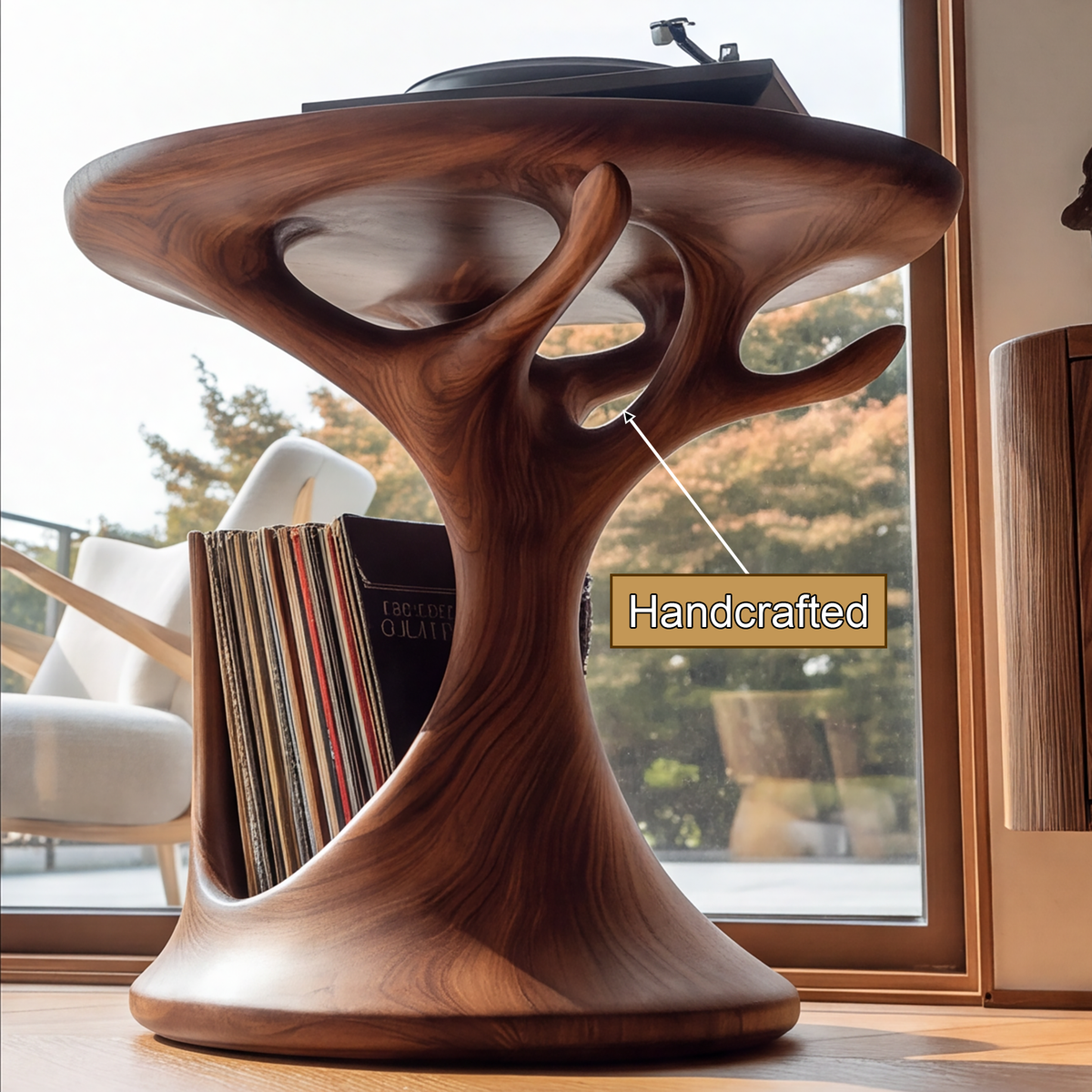 Arborea Treeform Sculpted Solid Wood Record Player Stand - Timberustic Record Player Stand With Storage