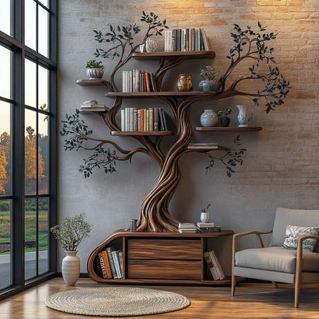 Aelthorin Sculpted Solid Wood Tree Bookshelf with Drawers - Timberustic Tree Bookshelf