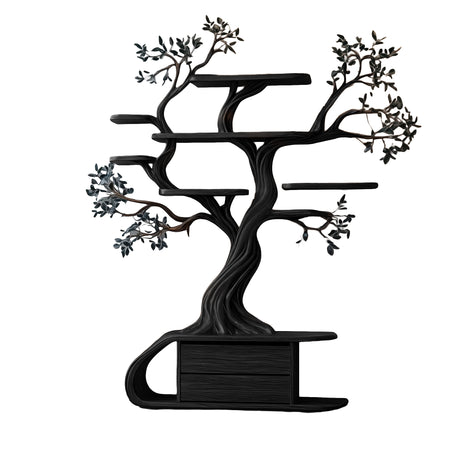 Aelthorin Sculpted Solid Wood Tree Bookshelf with Drawers Black - Timberustic Tree Bookshelf