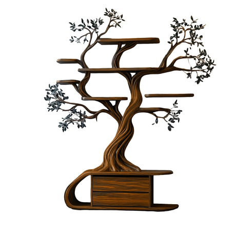 Aelthorin Sculpted Solid Wood Tree Bookshelf with Drawers Brown - Timberustic Tree Bookshelf