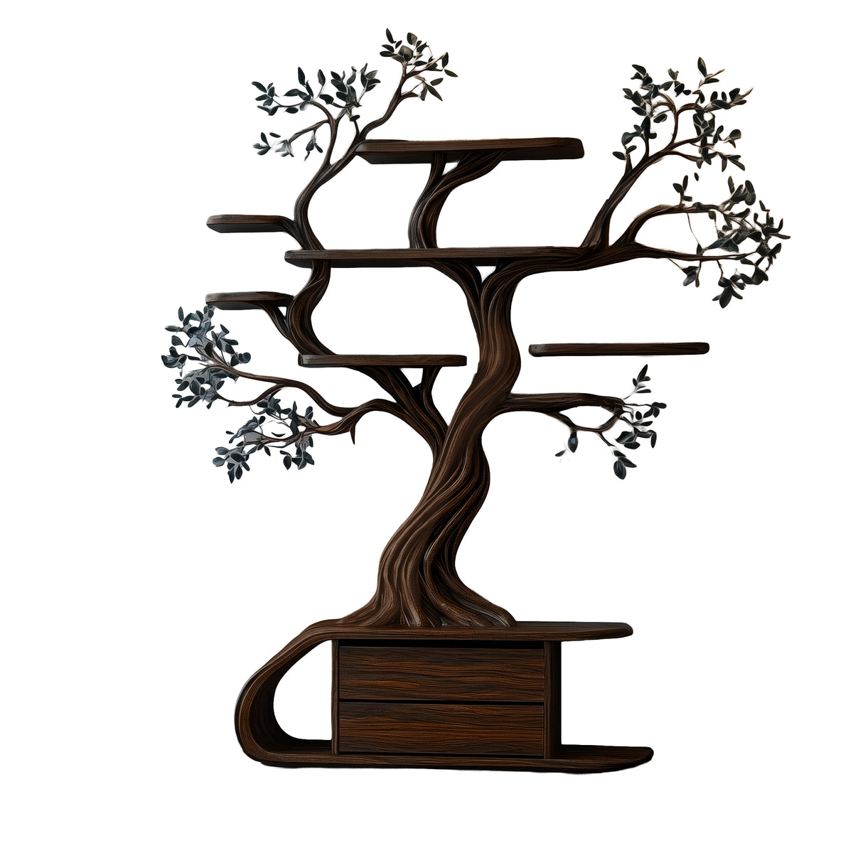 Aelthorin Sculpted Solid Wood Tree Bookshelf with Drawers Dark Walnut - Timberustic Tree Bookshelf