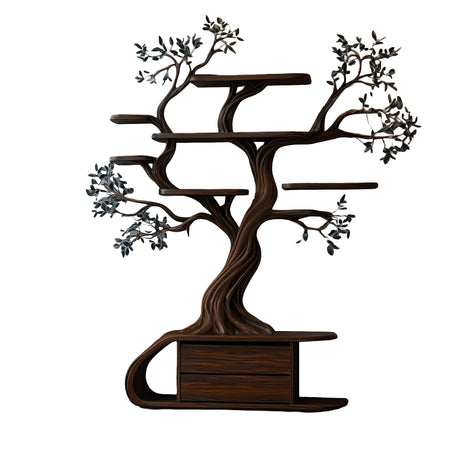Aelthorin Sculpted Solid Wood Tree Bookshelf with Drawers Dark Walnut - Timberustic Tree Bookshelf