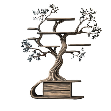 Aelthorin Sculpted Solid Wood Tree Bookshelf with Drawers Natural Oak - Timberustic Tree Bookshelf
