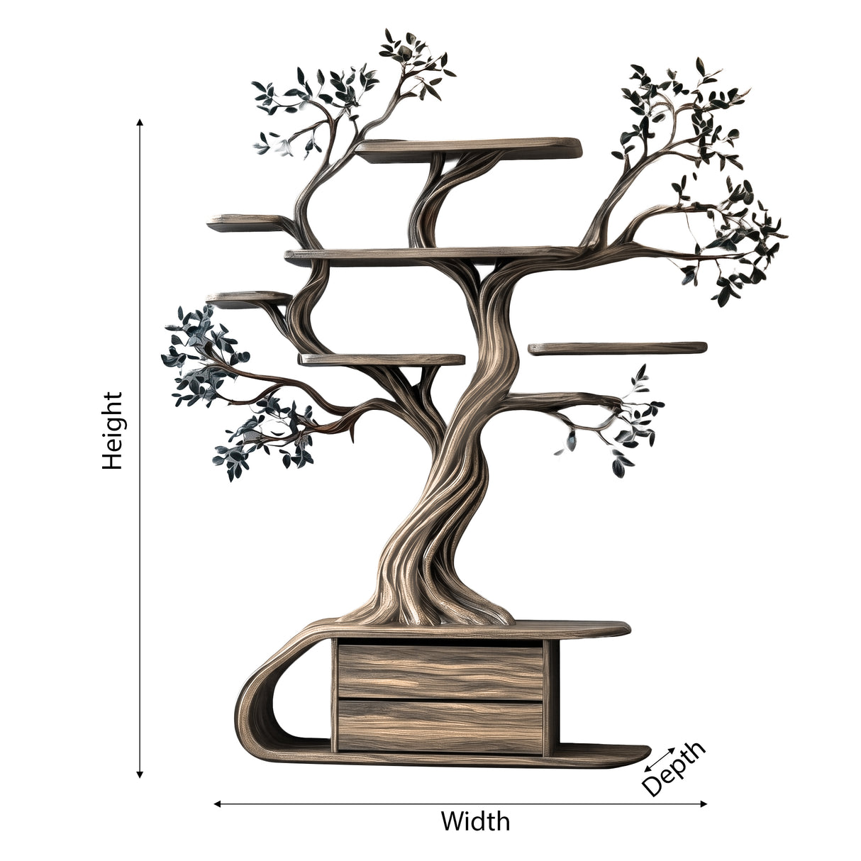 Aelthorin Sculpted Solid Wood Tree Bookshelf with Drawers - Timberustic Tree Bookshelf