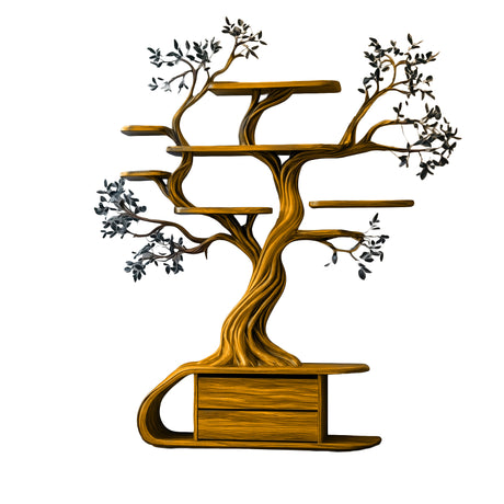 Aelthorin Sculpted Solid Wood Tree Bookshelf with Drawers Teak - Timberustic Tree Bookshelf