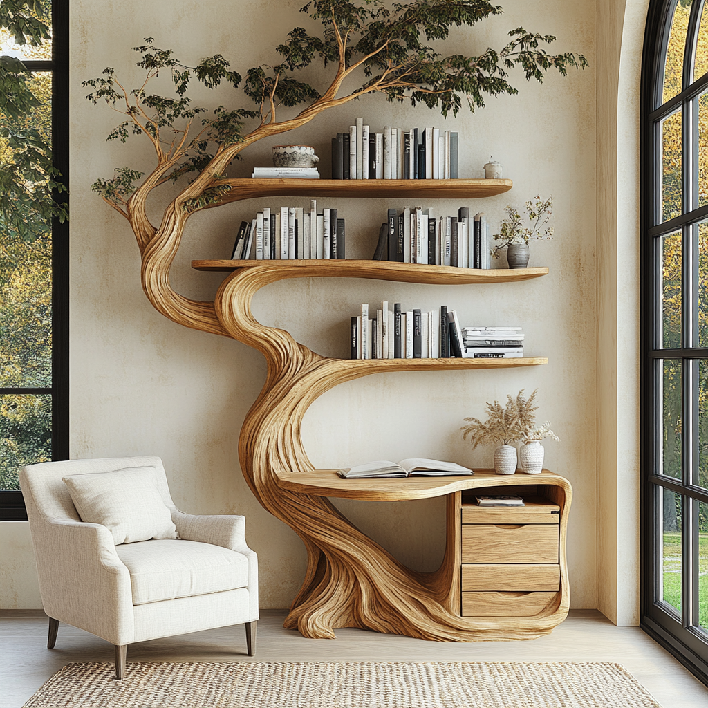 Aelthorn Organic Modern Tree Bookshelf with Drawers - Timberustic Tree Bookshelf