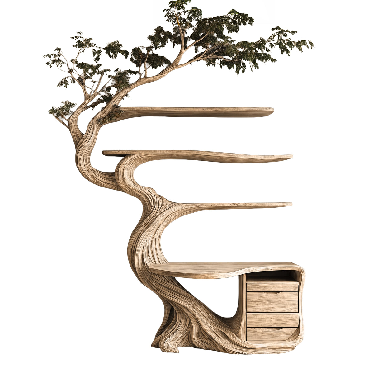 Aelthorn Organic Modern Tree Bookshelf with Drawers Natural Oak - Timberustic Tree Bookshelf
