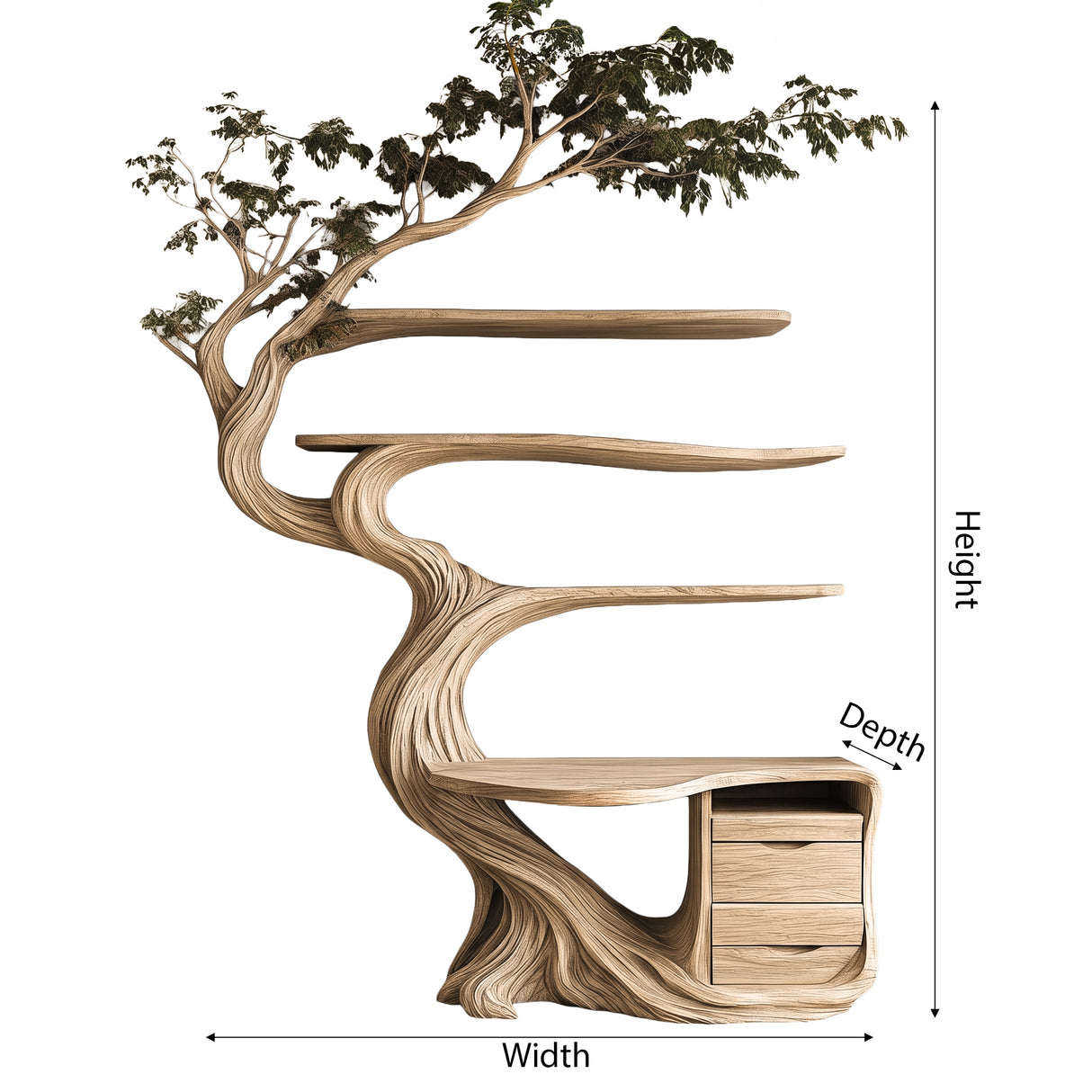 Aelthorn Organic Modern Tree Bookshelf with Drawers - Timberustic Tree Bookshelf