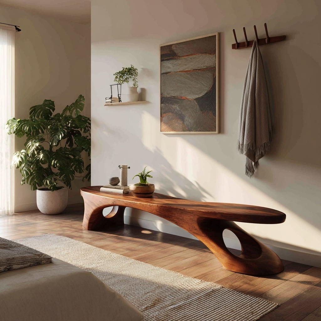 Aeris Sculptural Solid Wood Indoor Bench