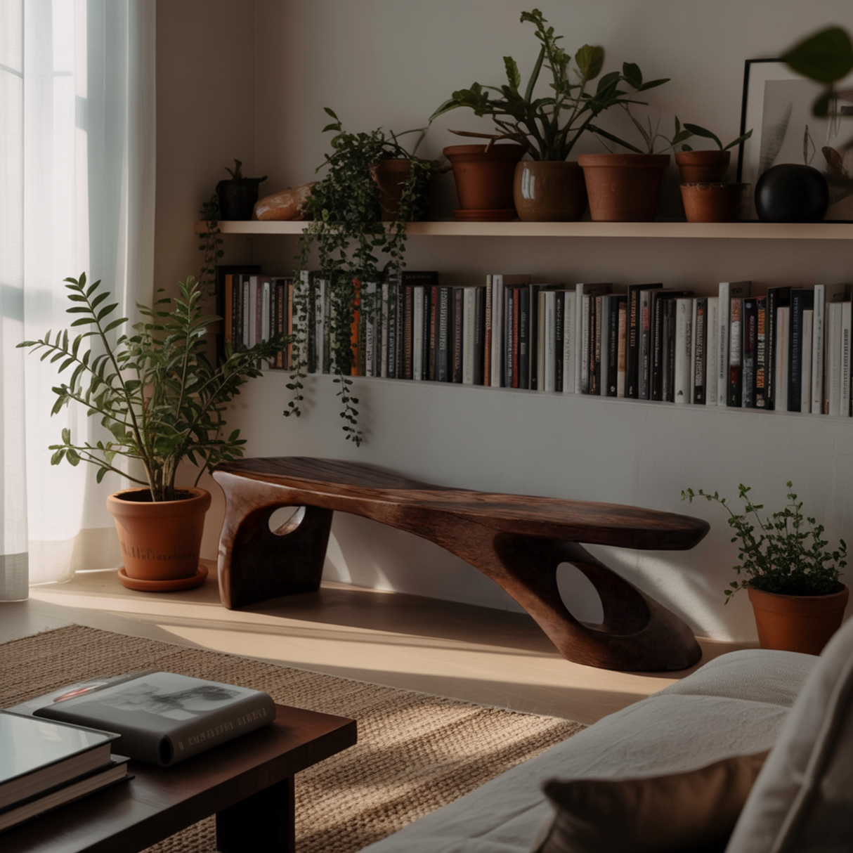 Aeris Sculptural Solid Wood Indoor Bench