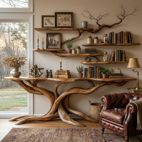 Aethorin Sculpted Solid Wood Console Table with Shelves - Timberustic Console Table with Shelves