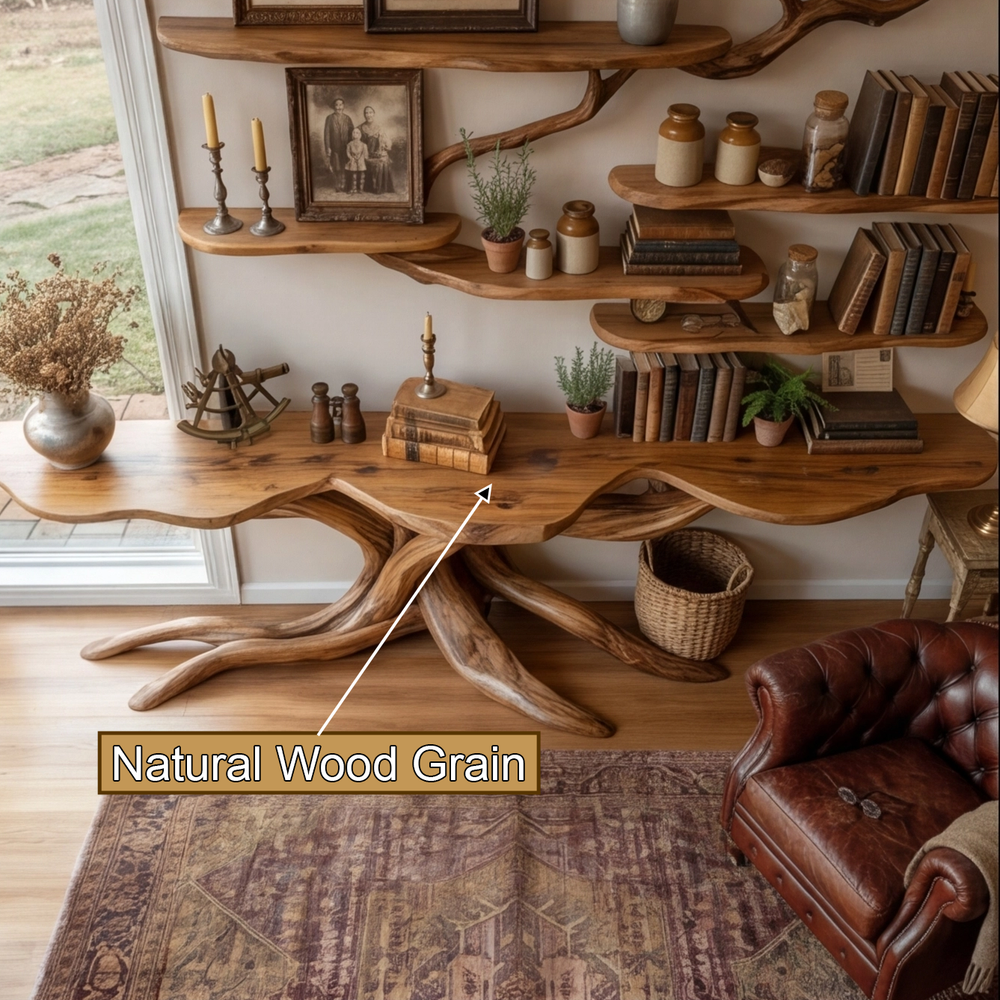 Aethorin Sculpted Solid Wood Console Table with Shelves, Live Edge ...