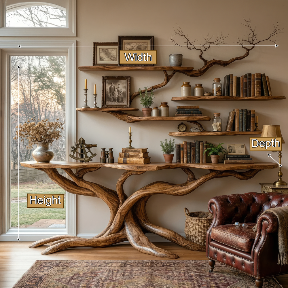 Aethorin Sculpted Solid Wood Console Table with Shelves, Live Edge ...