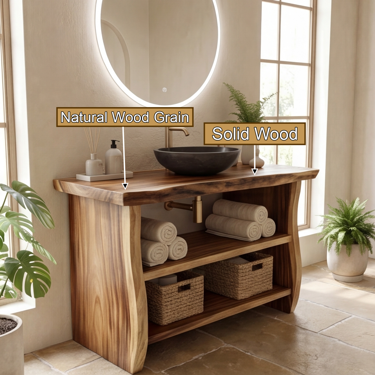 Alderwyn Solid Wood Freestanding Bathroom Vanity with Open Storage