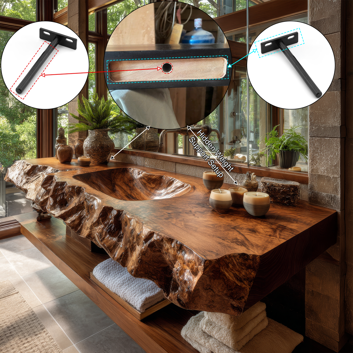 Alveric Sculpted Live Edge Solid Wood Floating Bathroom Vanity with Integrated Sink SPA365248 - Timberustic Floating Bathroom Vanity with Integrated Sink