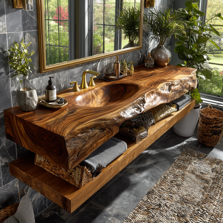 Alverin Live Edge Solid Wood Floating Bathroom Vanity with Integrated Sink - Timberustic Floating Bathroom Vanity with Integrated Sink