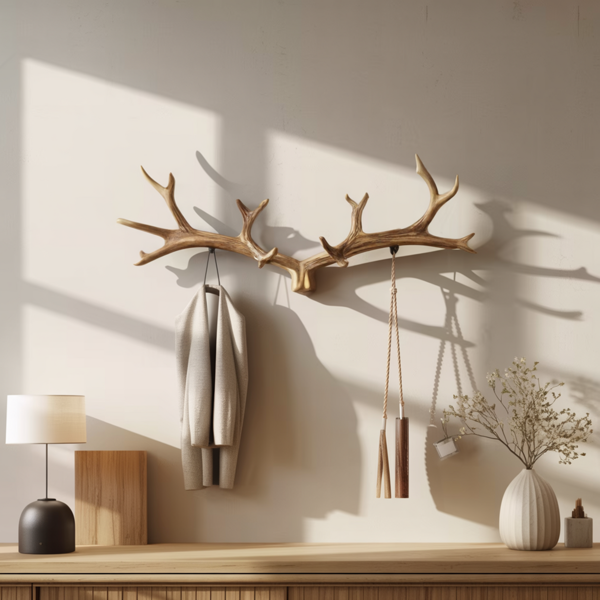 Antura Rustic Antler-Inspired Solid Wood Hook Rack