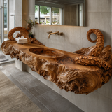 Aqualith Octopus Form Sculpted Solid Wood Floating Bathroom Vanity with Integrated Sink - Timberustic Floating Bathroom Vanity with Integrated Sink