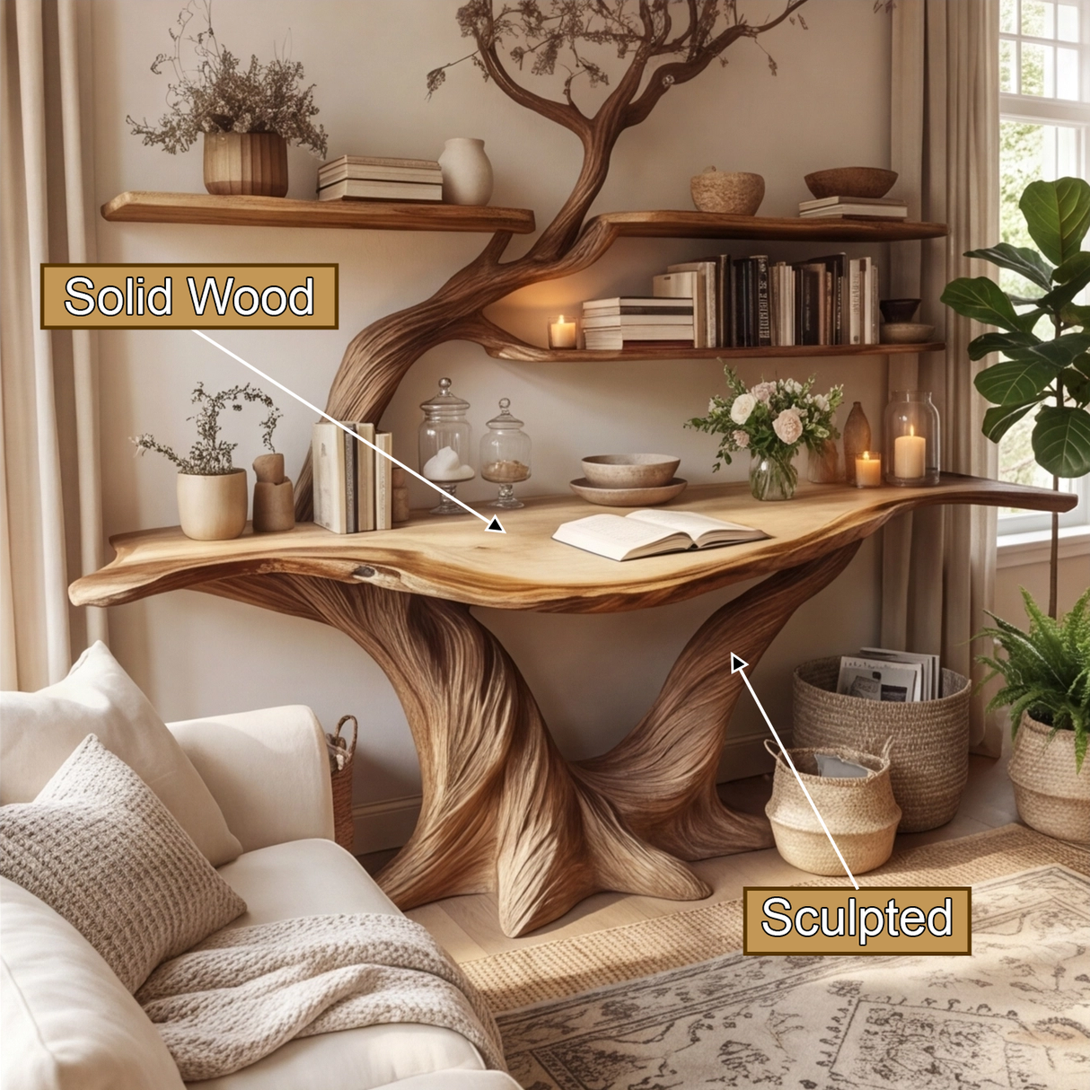 Arbelle Sculpted Solid Wood Console Table with Shelves - Timberustic Console Table with Shelves