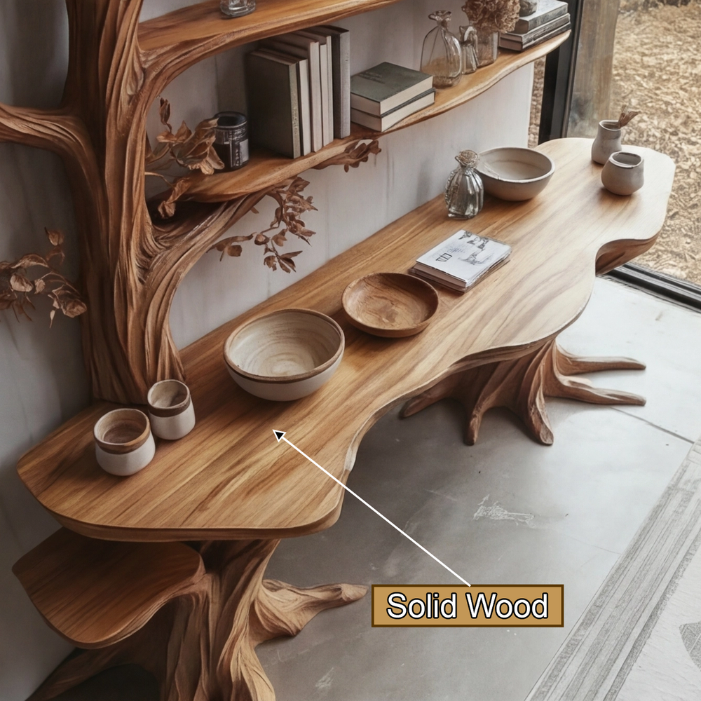 Arbelle Console Table with Shelves, Tree Inspired Solid Wood Console ...